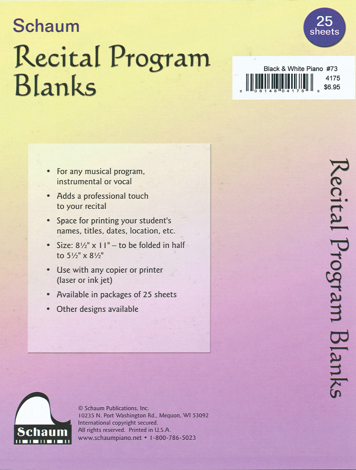 Schaum Recital Programs (Blank) #73: Black and White Piano Cover Image